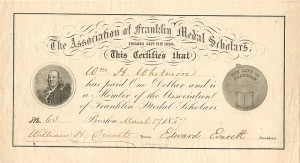 Edward Everett signed Membership Receipt - Association of Franklin Medal Scholars